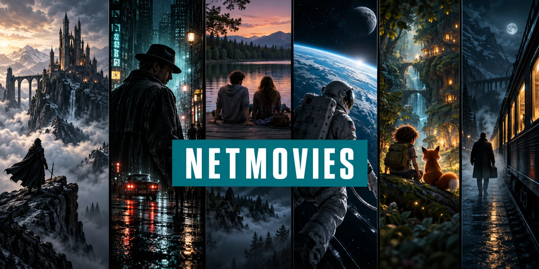 NETMOVIES in white boxed teal lettering across original cinematic scenes of fantasy, mystery, romance and animation
